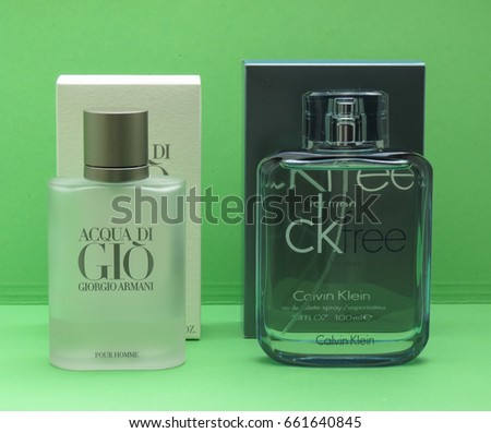 PARIS, FRANCE - CIRCA MAY 2017: Armani Acqua di Gio, Calvin Klein free for men eau de toilette, evergreen bestselling perfumes worldwide