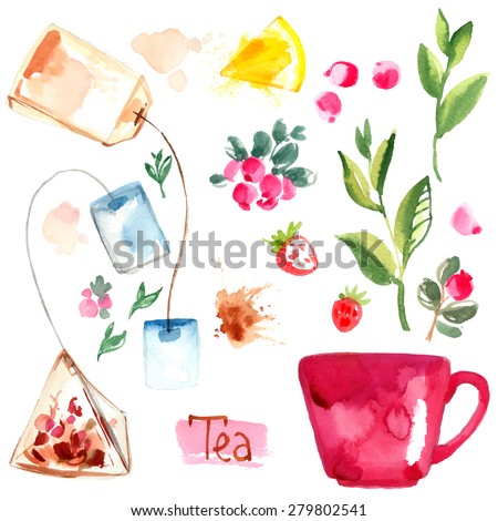 Tea painted with watercolors on white background. Figure ink on paper. Tea chanik, a cup, a bag of berries. Vector