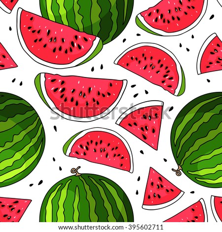 Seamless vector pattern of watermelon on a white background. Elements for design. Juicy watermelon summer fruit. Water fruit. Market fruit.