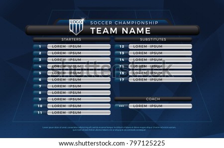 Broadcast graphic for football starting and substitutes, reserves separate text layer, football substitutes broadcast graphic for soccer starting lineup squad blue color
