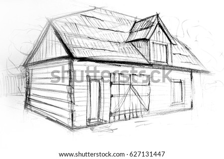 Sketch Wood Cabin Drawing Small House Stock Illustration 627131447