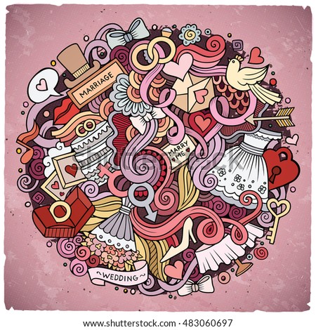 Cartoon Cute Doodles Hand Drawn Wedding Illustration Colorful Detailed With Lots Of Objects Background