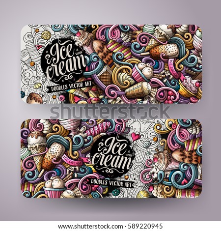 Cartoon cute colorful vector hand drawn doodles ice cream corporate identity. 2 horizontal banners design. Templates set