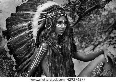 Indian woman hunter black and white portrait Indian woman hunter black and white portrait