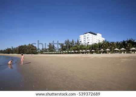 NINH THUAN,VIETNAM -AUGUST 19, 2016:Beach with beach chairs of Saigon Ninh Chu Resort on Phan Rang Beach,, Ninh Thuan, Vietnam