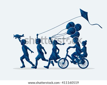Children running, Friendship designed using blue grunge brush graphic