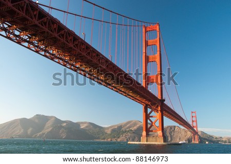The Golden Gate Bridge in San Francisco during the sunset with beautiful azure ocean in background