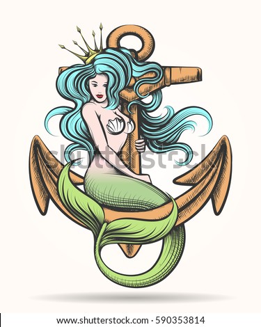 Download Beauty Blue Haired Siren Mermaid Golden Stock Vector ...
