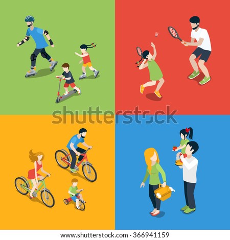 Flat 3d isometric high quality family outdoor sports play parenting time icon set. Mom daughter son dad skating tennis cycling picnic. Build your own world web infographic collection.