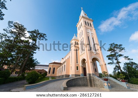Da Lat Cathedral, Cathedral of the chicken on blue sky background, located in Da Lat city, Lam Dong province, Vietnam