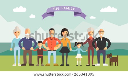 Big Happy Family. Parents with Children. Father, mother, children, grandpa, grandma