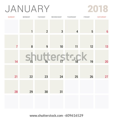 January 2018. Calendar planner design template. Week starts on Sunday. Stationery design
