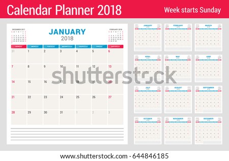 Calendar planner for 2018 year. Set of 12 months. Vector design template. Week starts on Sunday. Stationery design