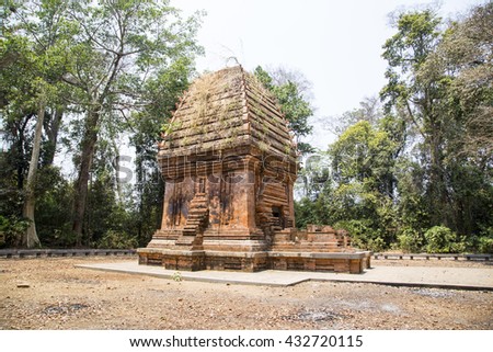 Side view of the only Cham Tower in jungle in Central Highlands of Vietnam, Yang Prong Tower is situated in Ea Sup District, 100km away from Buon Ma Thuot