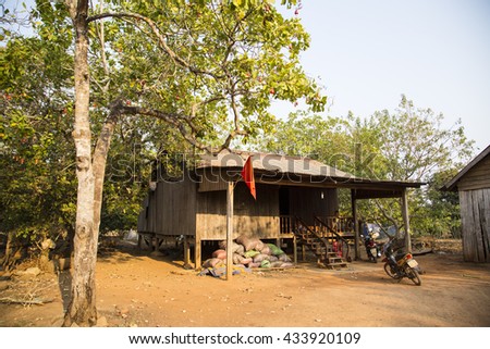 Daklak, Vietnam - Mar 29, 2016: Traditional typical Bahnar house in old minority Don village, the most frequently visited of Bahnar villages in Buon Ma Thuot, Dak Lak, Vietnam