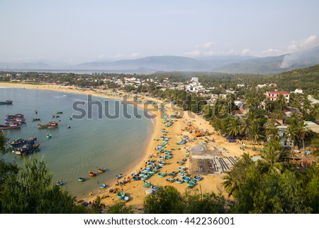 Quynhon, Vietnam - Apr 1,2016: Aerial view of Quy Nhon beach with curved shore line in Binh Dinh province, Vietnam.