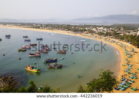 Quynhon, Vietnam - Apr 1,2016: Aerial view of Quy Nhon beach with curved shore line in Binh Dinh province, Vietnam.