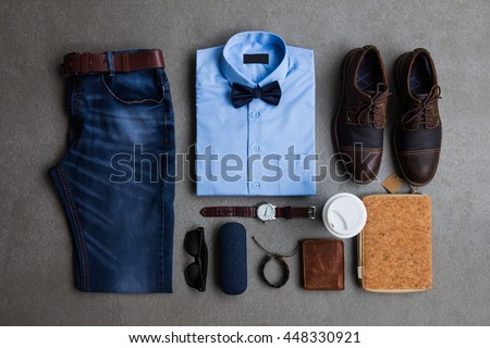 Men's fashion, casual outfits with accessories, flat lay, top view on gray grunge background