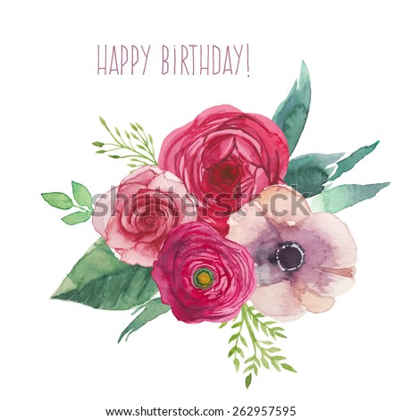 Happy Birthday Watercolor Flowers Stock Photos, Images, & Pictures ...