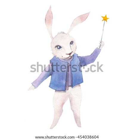Watercolor Cartoon Rabbit With Magic Wand Hand Drawn Fairytale Animal Show On White Background