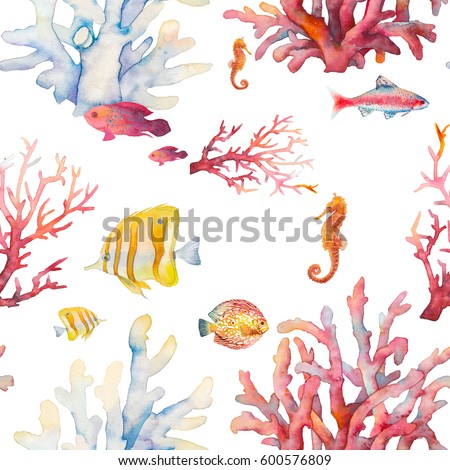 Watercolor coral reef seamless pattern. Hand drawn realistic background design: tropical fishes, corals, sea horse on white background. Natural repeating texture design for paper, fabric, wallpaper