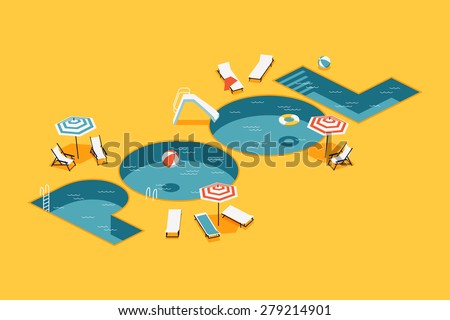 Cool vector creative concept design on isometric letters shaped swimming pool with chaise lounges, parasol umbrellas, beach ball and more