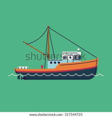 Cool flat design fishing boat seaway transportation web icon | Fishing vessel decorative graphic design element, side view, isolated