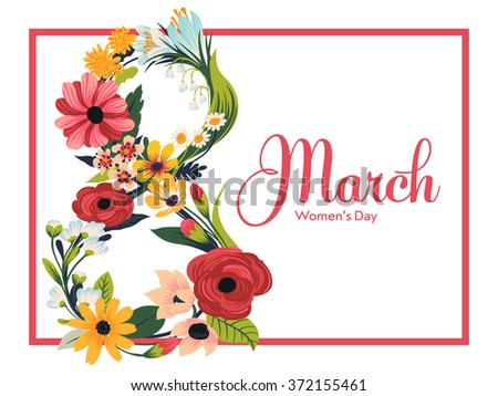 Beautiful 8 March Women's Day concept layout with retro feel featuring lovely floral composition in shape of 8 and sample text
