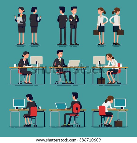 Cool flat design corporate business team people standing and sitting behind desk. Office workers, front and rear view. Men and women in sitting and standing poses