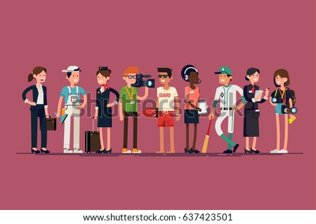 Cool vector set of different profession characters in flat design. Diverse group of specialists, workers and professionals. Men and women of different careers and jobs standing together