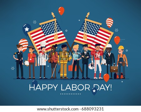 Horizontal vector 'Labor Day' celebration banner with american flags, balloons and large group of diverse workers of various professions and specialists