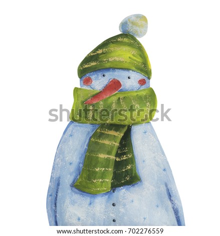 Snowman in green scarf and hat. Watercolor and gouache Illustration. Hand drawing