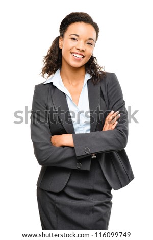 Young mixed race businesswoman with arms folded smiling isolated on white background