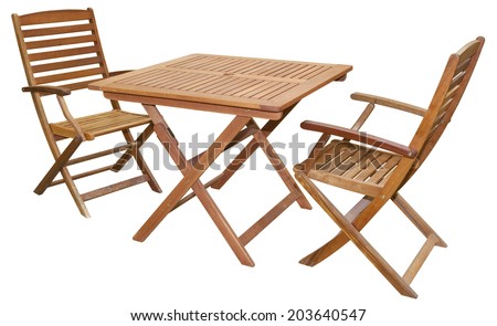 Garden Chair With Clipping Path Set Folding Wooden Garden Furniture Table Stock Photo