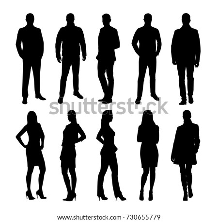 Business people, group of business men and women. Set of vector silhouettes. Standing coworkers