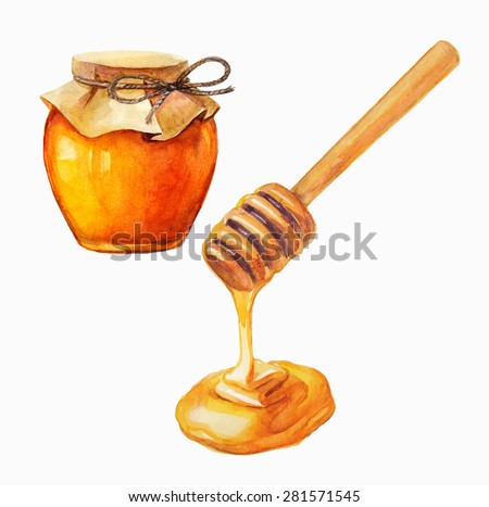 Watercolor Honey jar and honey stick over white, Vector