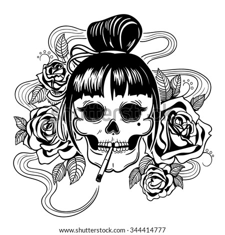 Download Vector Black White Tattoo Woman Skull Stock Vector ...