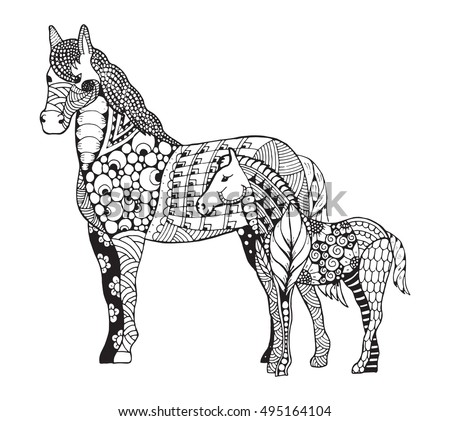 mare little foal standing zentangle stylized stock vector