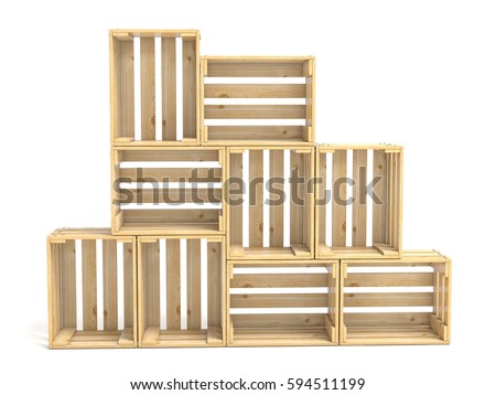 Empty Wooden Crates Arranged 3D Render Illustration Isolated On White Background Empty Wooden Crates Arranged 3D Render Illustration Isolated On White Background