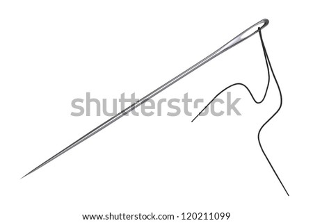 Needle with black thread on a white background - stock photo