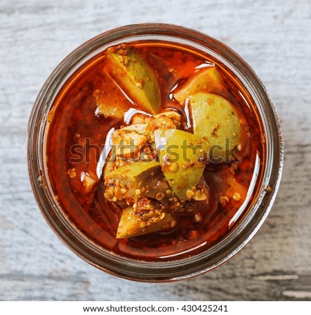 Homemade Mango Pickle in a Jar, selective focus