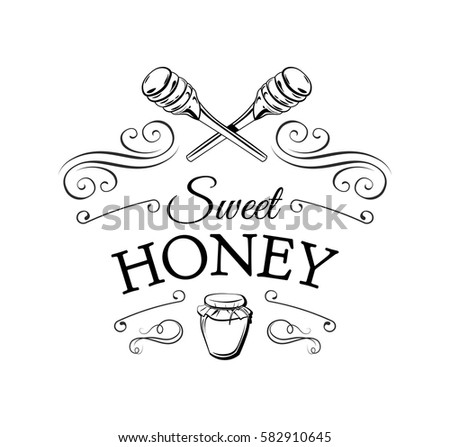 Wooden honey dipper, sketch style vector illustration isolated on white background. Sweet honey label, badge, logo. Isolated