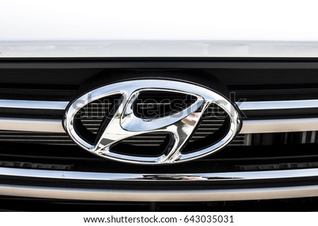 KIEV, UKRAINE - APRIL 28, 2017: Photo of the logo of Hyundai car. Hyundai is a famous worldwide car company.
