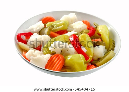 Assorted pickled vegetables in bowl/plate,clipping path.