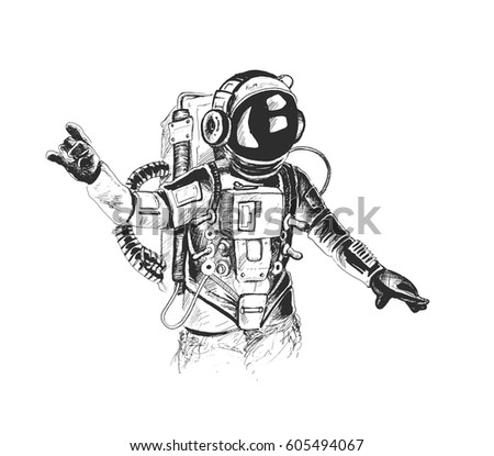 Astronaut Spacesuit Raises Hand Hand Drawn Stock Vector 605494067