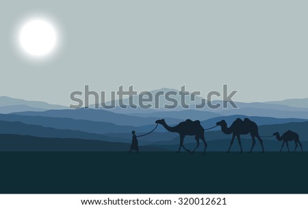 Caravan with camels in desert with mountains on background. Vector illustration