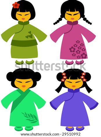 icons of japanese dolls in the traditional dresses