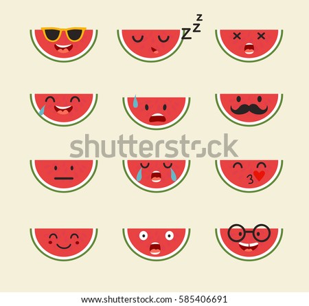 Emoticons fruit vector set. Emoji cute Watermelon with face. Cute emoji colorfull illustration. Watermelon, flat cartoon style