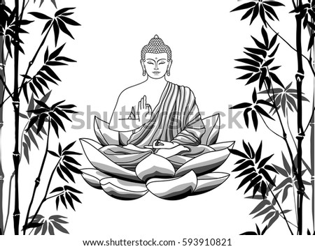 Bamboo And Buddha Sitting On Lotus Seamless Pattern White Background Tropical Wallpaper Bamboo And Buddha Sitting On Lotus Seamless Pattern White Background Tropical Wallpaper