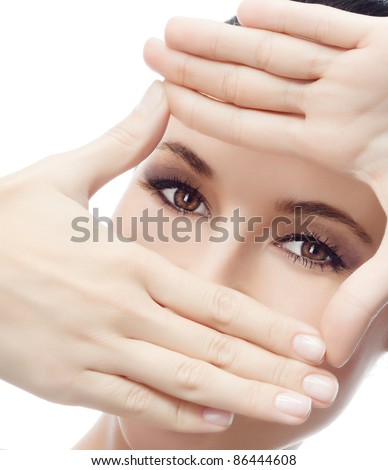 portrait of attractive caucasian woman isolated on white studio shot with hands near the face